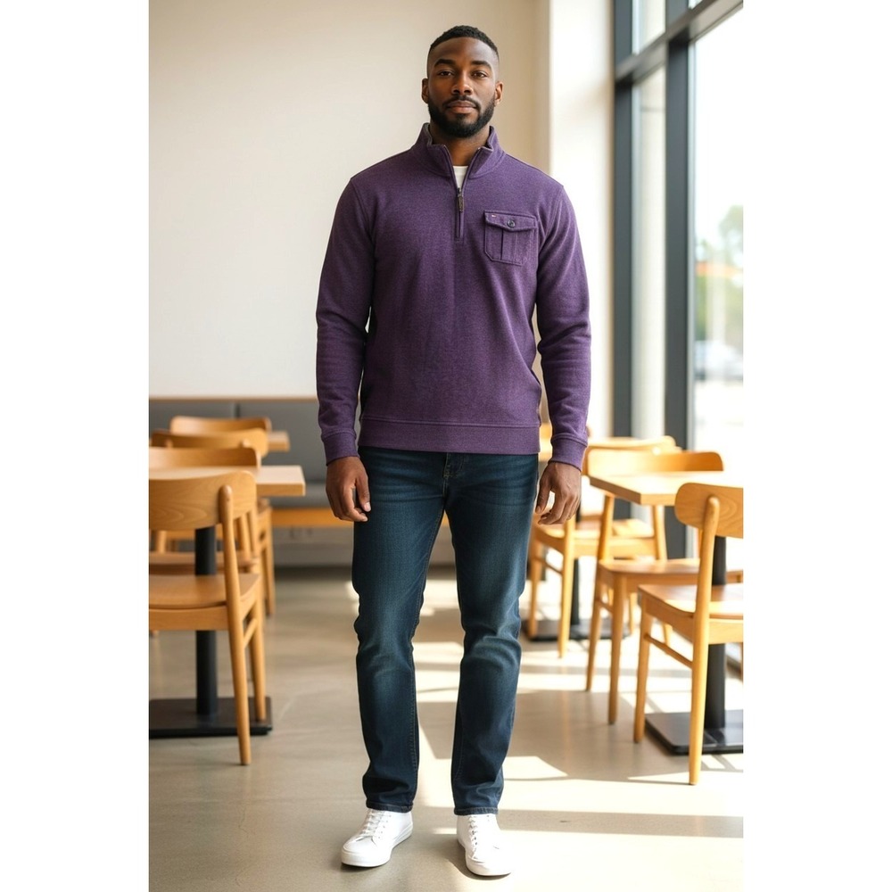 (E-191)Tommy Hilfiger Men's Pullover Sweater Large Purple‎ 1/4 Zip Cotton Casual